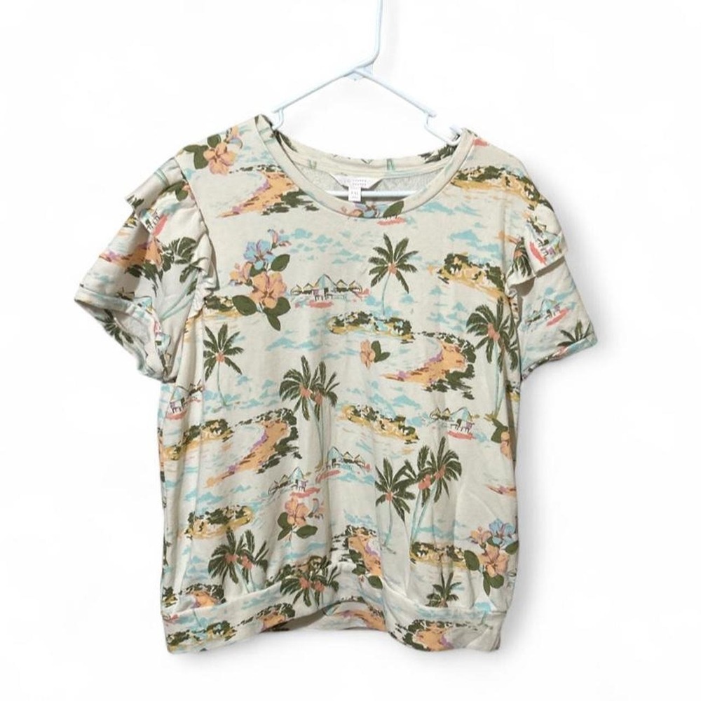 LC Lauren Conrad Tropical Beach Scene Short Ruffle Sleeve Top - XXL - Cream